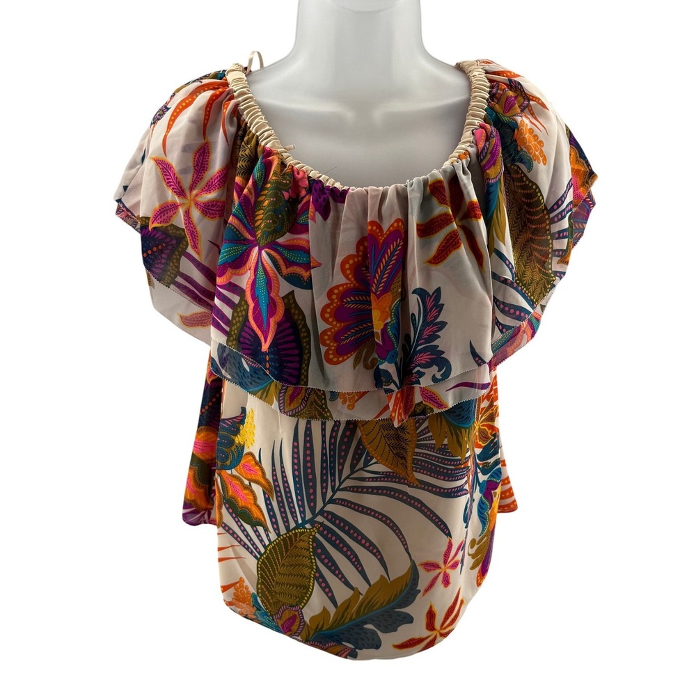 Trina Turk Agua Caliente 2 Tropical Ruffle Off Shoulder Shirt Womens Small New